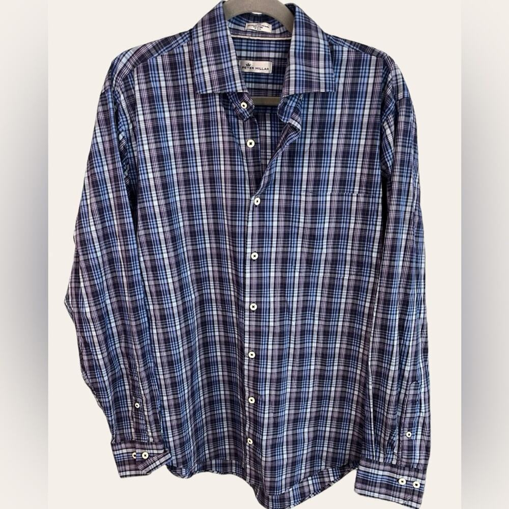 Peter Millar Mens Blue Plaid Stretch Cotton Long Sleeve Button Up Shirt Large